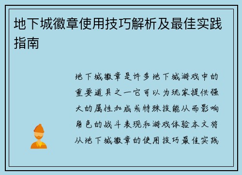 地下城徽章使用技巧解析及最佳实践指南